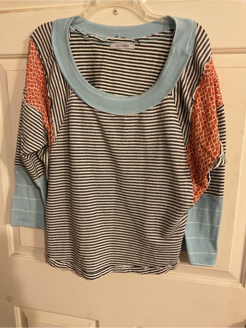 Ces Femme Striped Scoop Neck Top in Light Blue and Orange Hobo L. Cropped